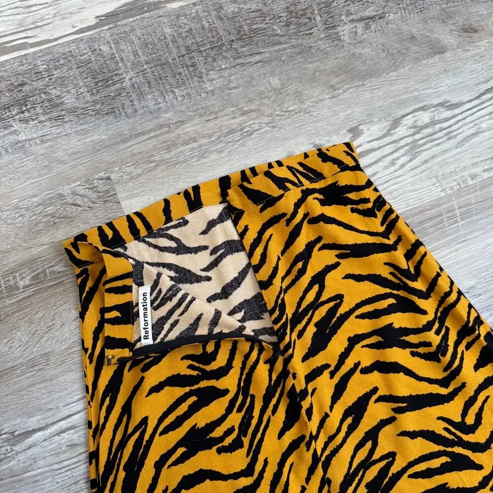 Reformation Midi Skirt Orange Black Tiger Print High Rise Y2K XS 0